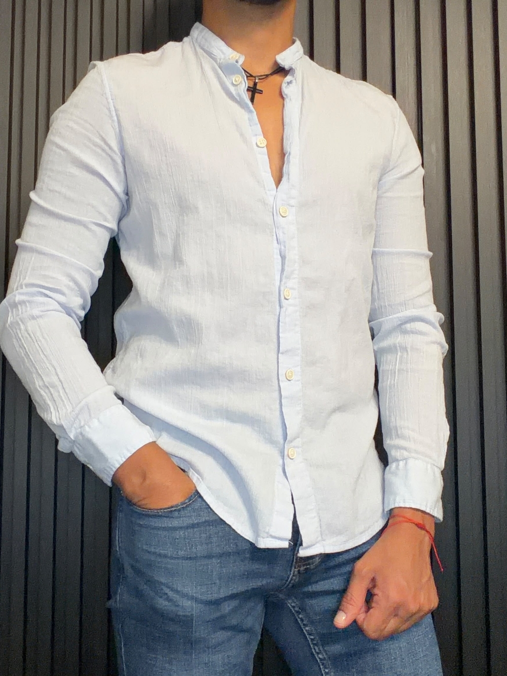 Used Zara Light Blue Men's Linen-Blend Mandarin Collar Shirt